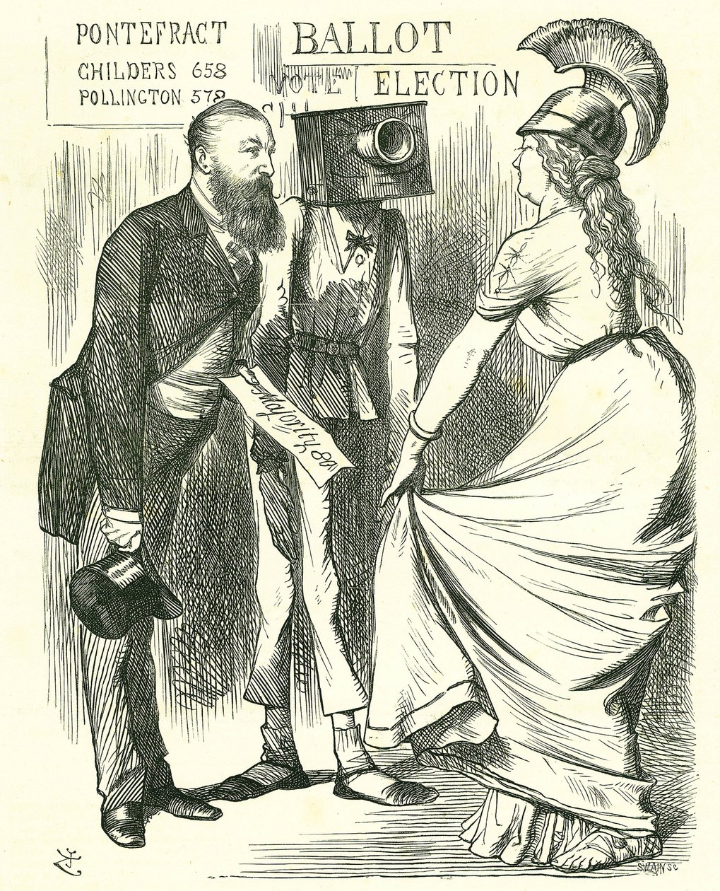 Hugh Childers (1827-1896) parlamentare britannico, che racconta a Britannia del successo della nuova urna elettorale. Caricatura di John Tenniel da 