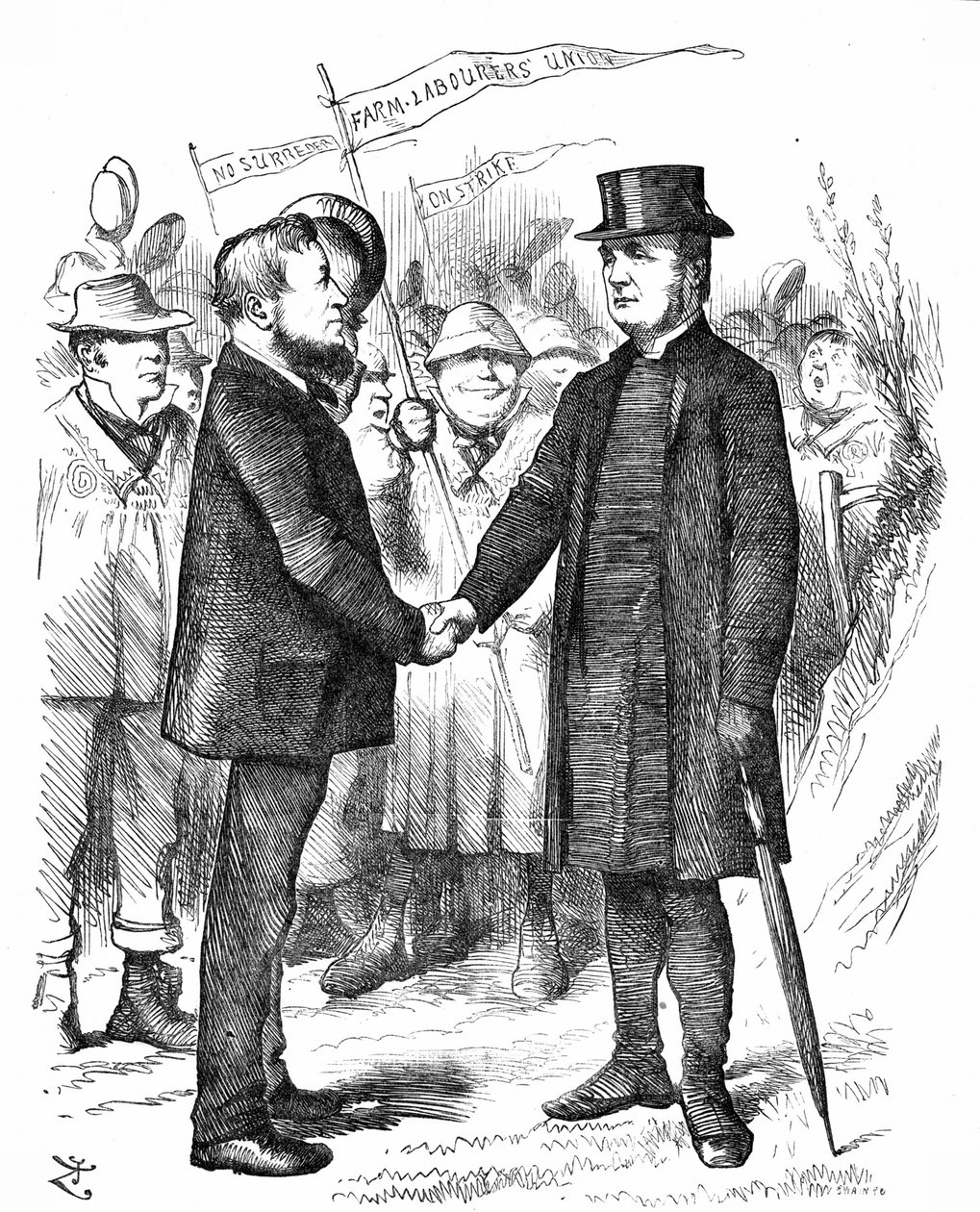 Joseph Arch (1826-1919) sindacalista, politico e lavoratore agricolo inglese. Fondatore del National Union of Farm Labourers. Arch saluta il vescovo di Manchester che ha sostenuto il sindacato in una lettera al Times. Cartone animato di John Tenniel da Pun da John Tenniel