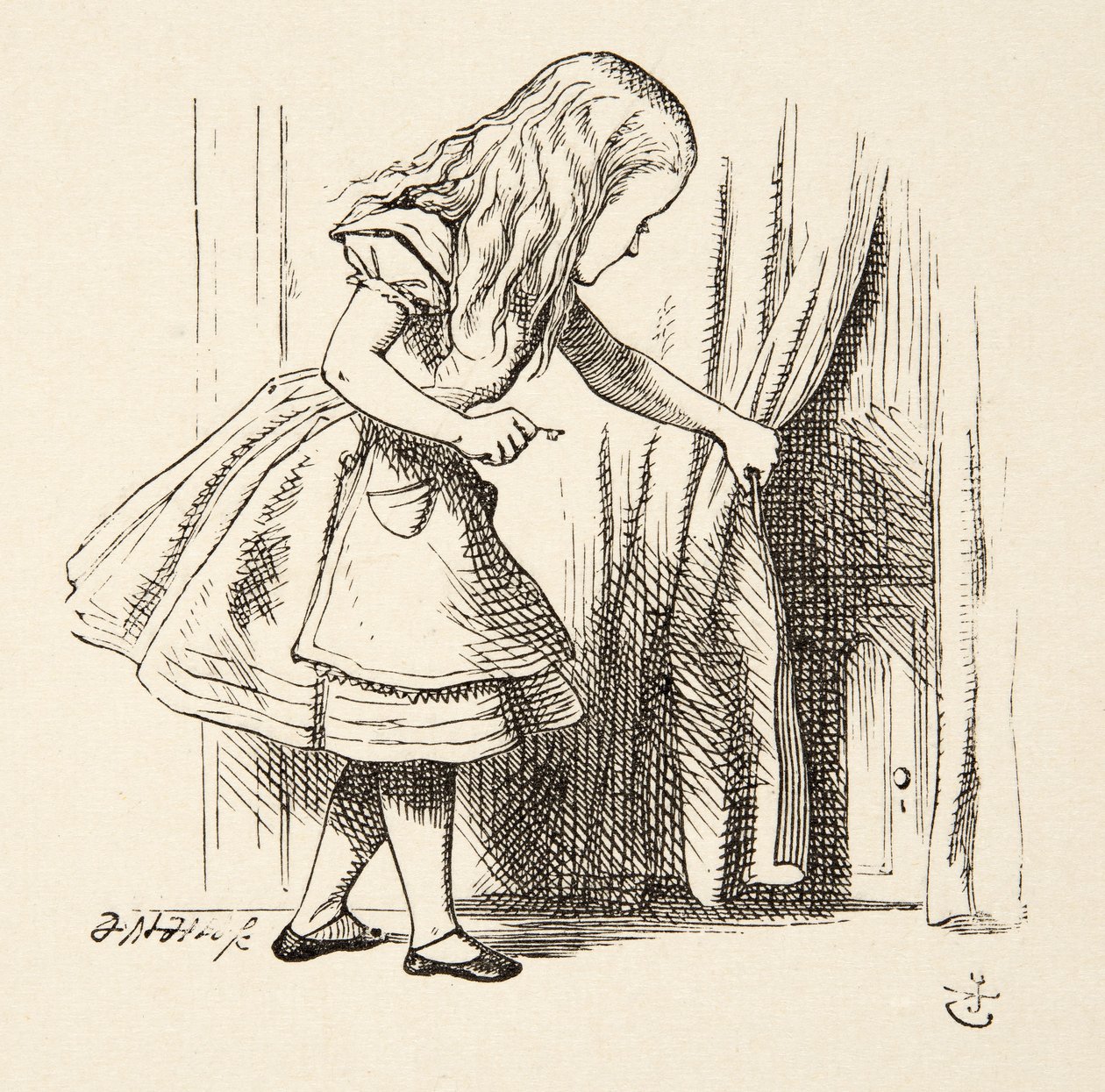 Guardando dietro la tenda, da Le avventure di Alice nel Paese delle Meraviglie di Lewis Carroll, pub. 1891 da John Tenniel