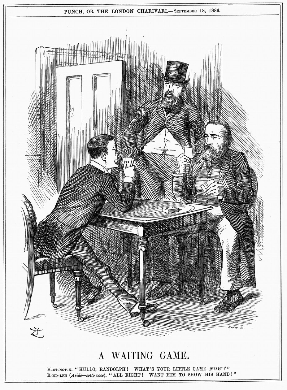 Lord Randolph Churchill (a sinistra) che cerca di far mostrare a Charles Stewart Parnell, politico irlandese, le sue carte e far sapere a Churchill e Hartington come userà i voti dei Parnelliti che comanda alla Camera dei Comuni. Caricatura di John Tenniel da John Tenniel