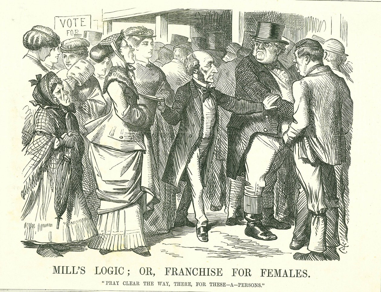 La logica di Mill: o, il suffragio per le donne: John Stuart Mill che chiede a un indignato John Bull di fare spazio alle donne per votare. La figura in primo piano, seconda da sinistra, è Lydia Ernestine Becker, sostenitrice del suffragio femminile. Caric da John Tenniel
