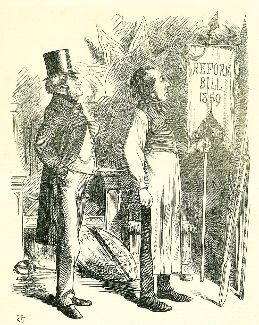 Economia Politica: Riforma del Parlamento - estensione del diritto di voto. Disraeli (Cancelliere) e Derby (Primo Ministro) spolverano il Reform Bill. Nel 1867 Disraeli introdusse un nuovo disegno di legge. Vignetta di John Tenniel da Punch, Londra da John Tenniel