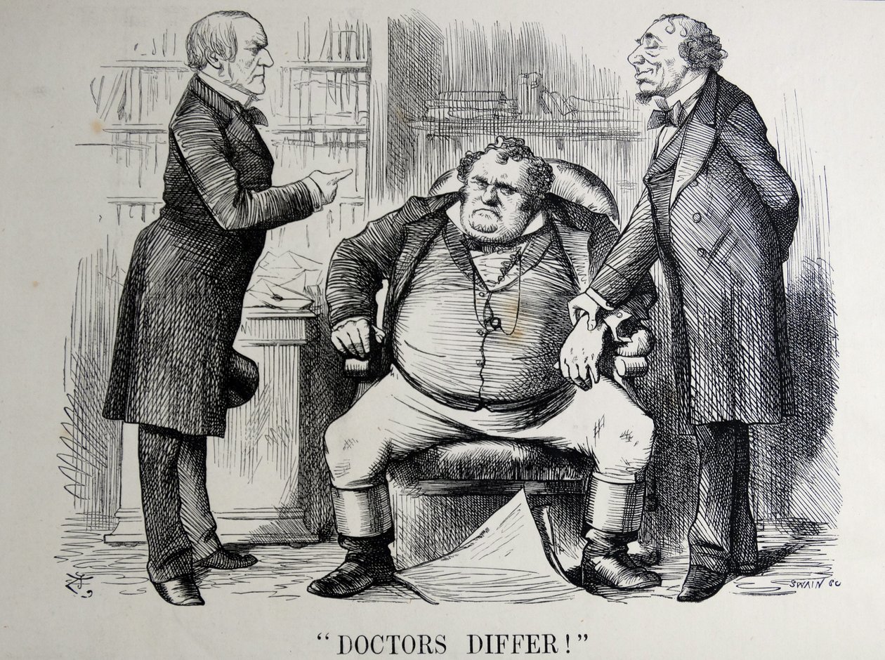 Satira politica raffigurante William Ewart Gladstone, Benjamin Disraeli e John Bull da John Tenniel