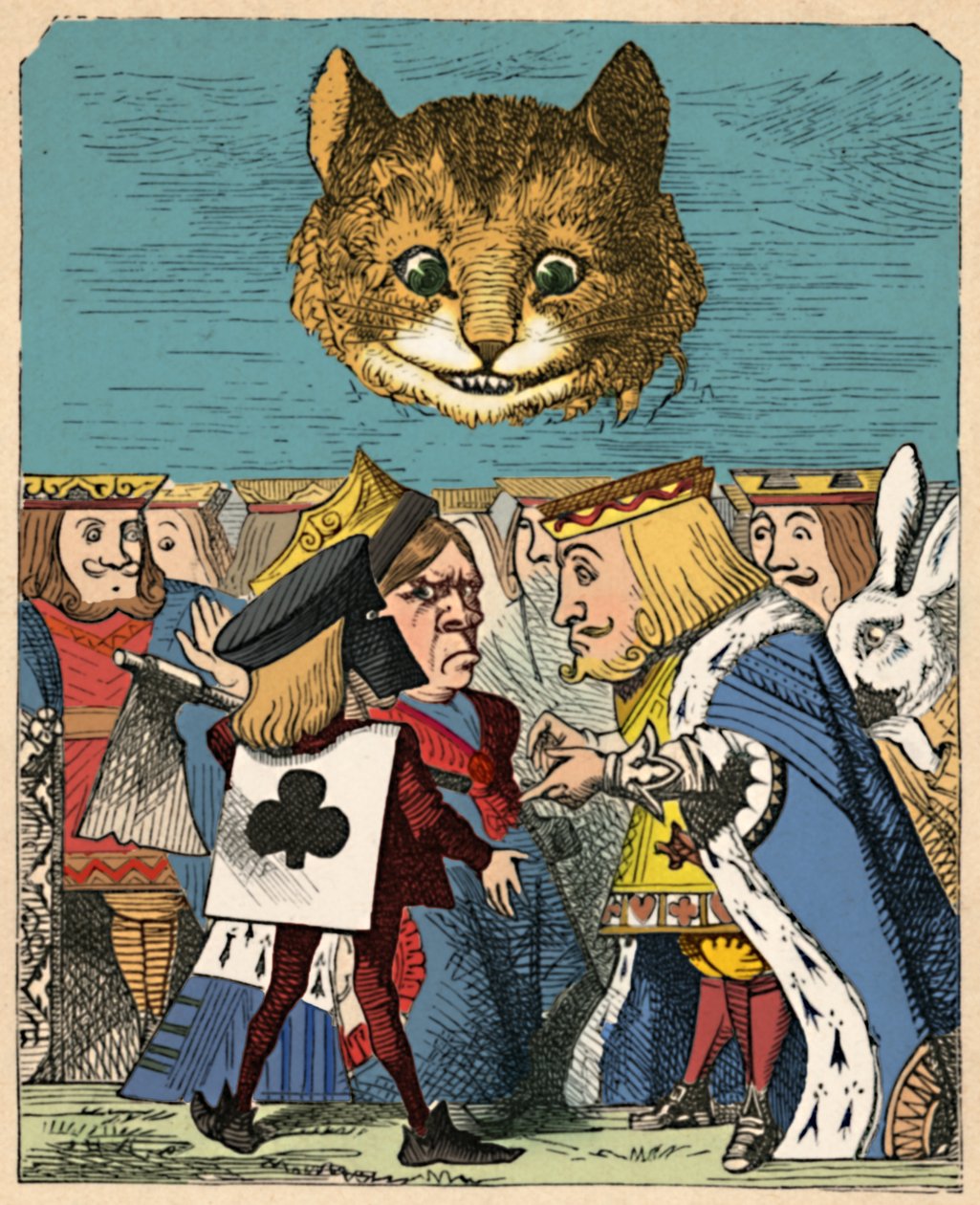Il gatto del Cheshire guarda il re rosso e la regina rossa che litigano, 1889 da John Tenniel