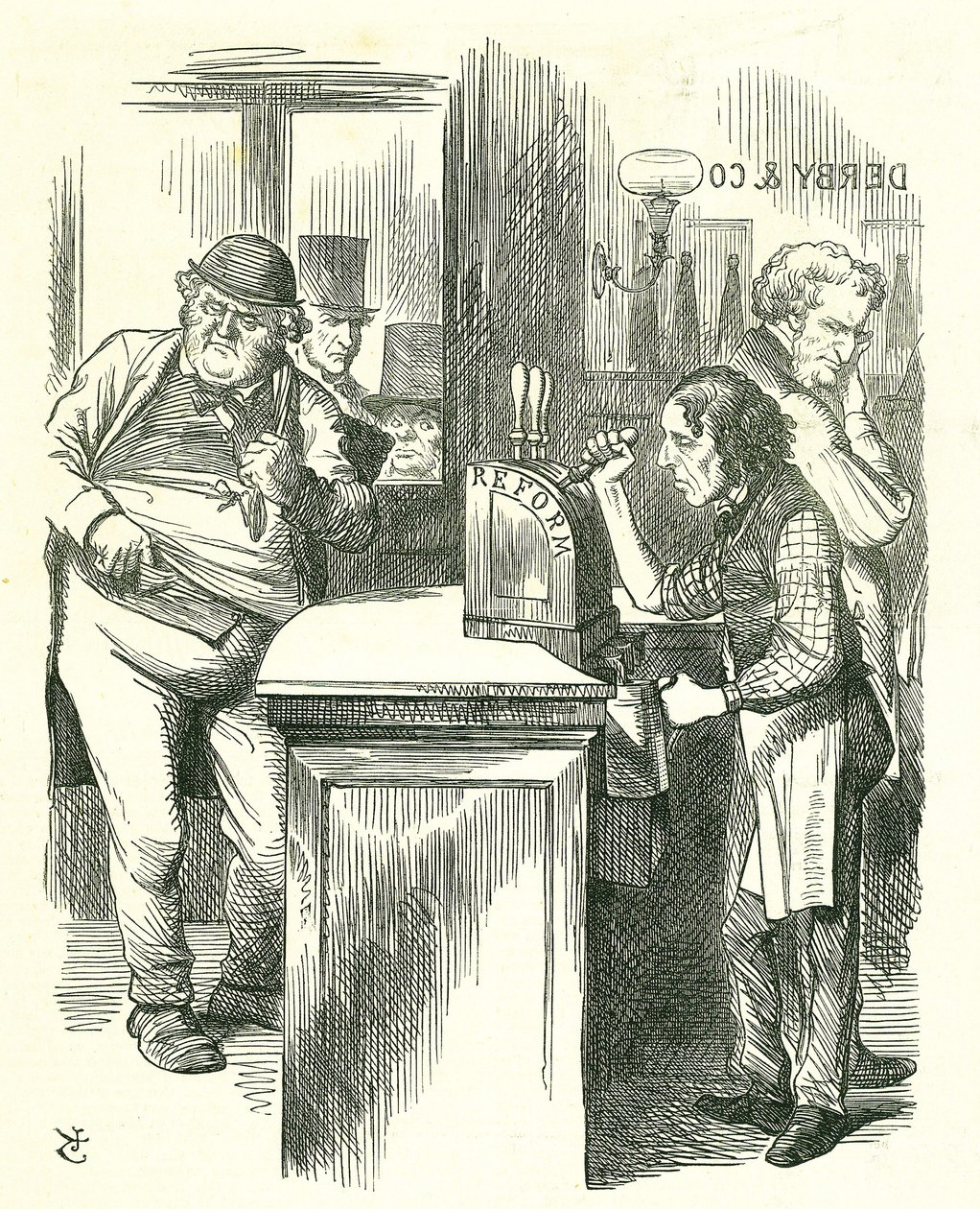 Il ragazzo onesto: Riforma del Parlamento - estensione del diritto di voto. Disraeli serve la Riforma a John Bull osservato dalla sua opposizione parlamentare. Ha introdotto e portato avanti il suo disegno di legge sulla riforma. Vignetta di Tenniel da Pun da John Tenniel