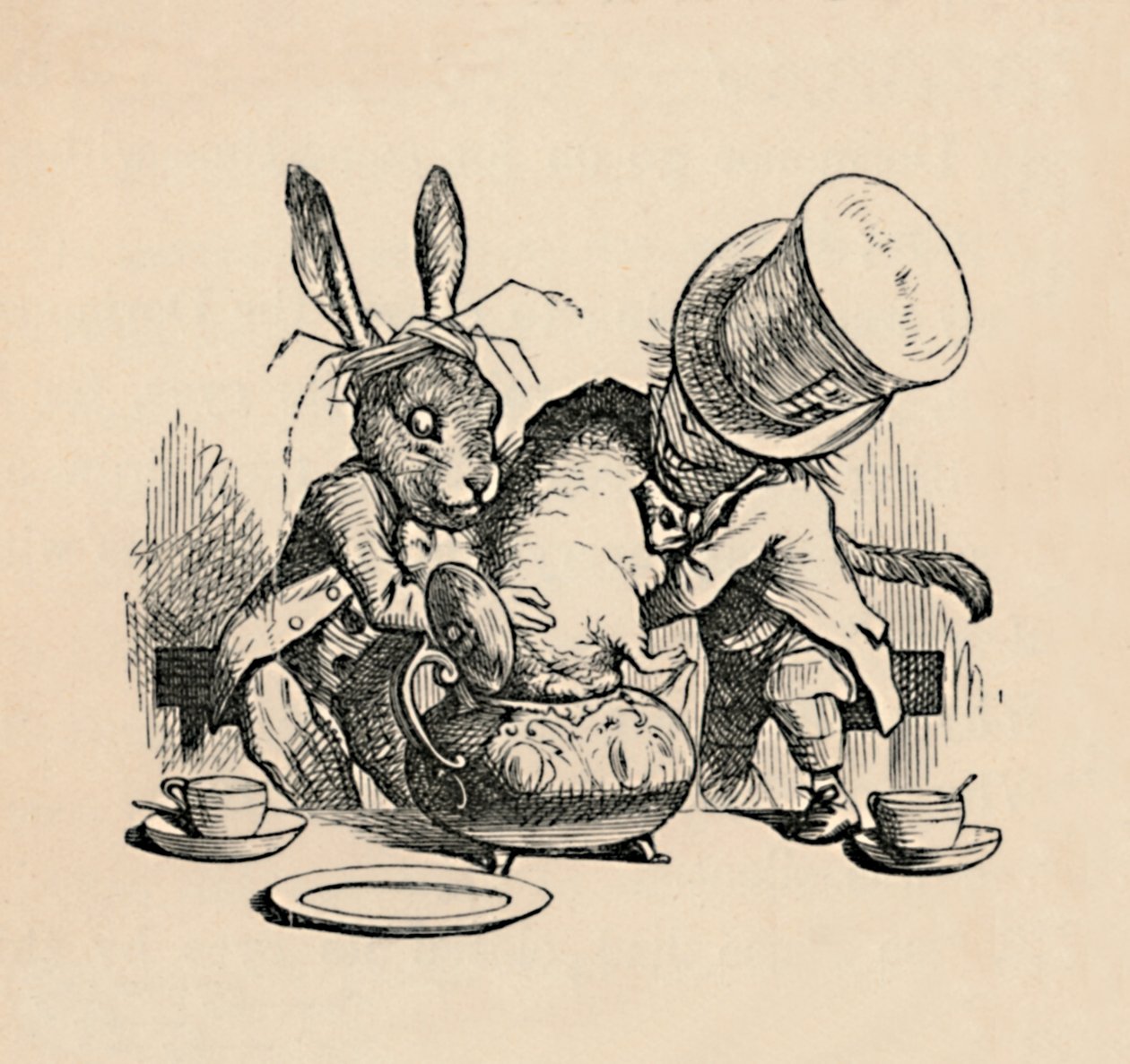 Il Cappellaio Matto e la Lepre Marzolina cercano di mettere il Ghiro in una teiera, 1889 da John Tenniel