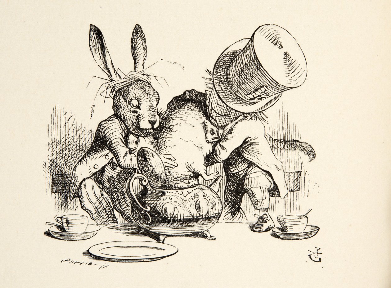 Il Cappellaio Matto e la Lepre Marzolina mettono il Ghiro nella Teiera, da Le Avventure di Alice nel Paese delle Meraviglie di Lewis Carroll, pub. 1891 da John Tenniel