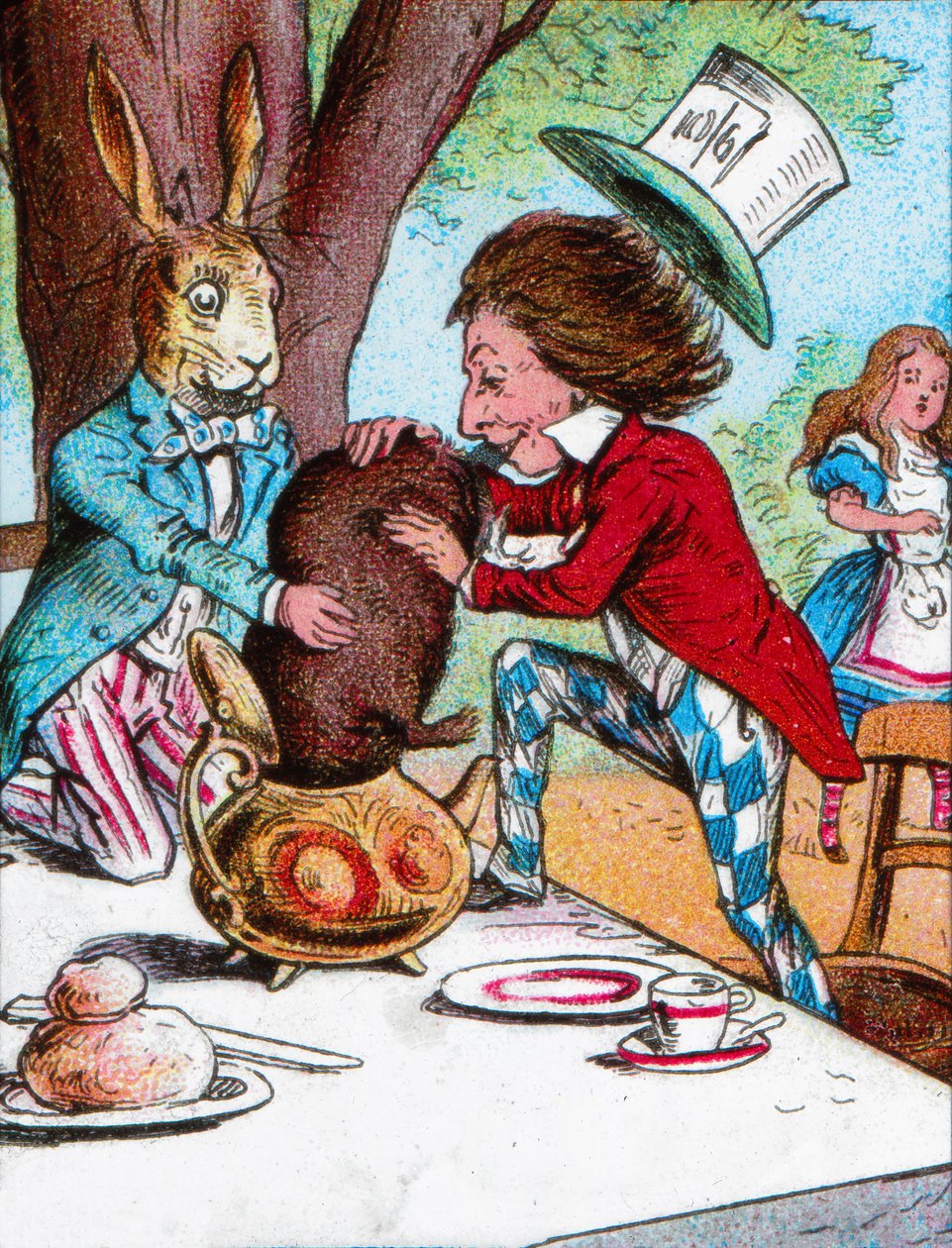 Il Cappellaio Matto e la Lepre Marzolina che cercano di mettere il Ghiro in una teiera da John Tenniel