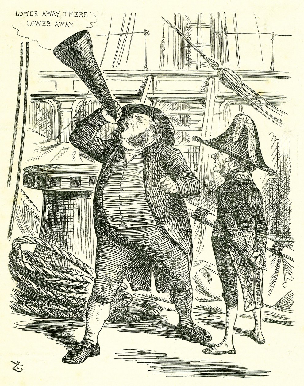 Il Passeggero Ufficioso: Riforma del Parlamento - estensione del diritto di voto. Il Primo Ministro, Lord John Russell, chiede a John Bright di smettere di proclamare la Riforma. Russell sconfitto dal Parlamento sulla Riforma nel maggio 1866. John Tenniel  da John Tenniel