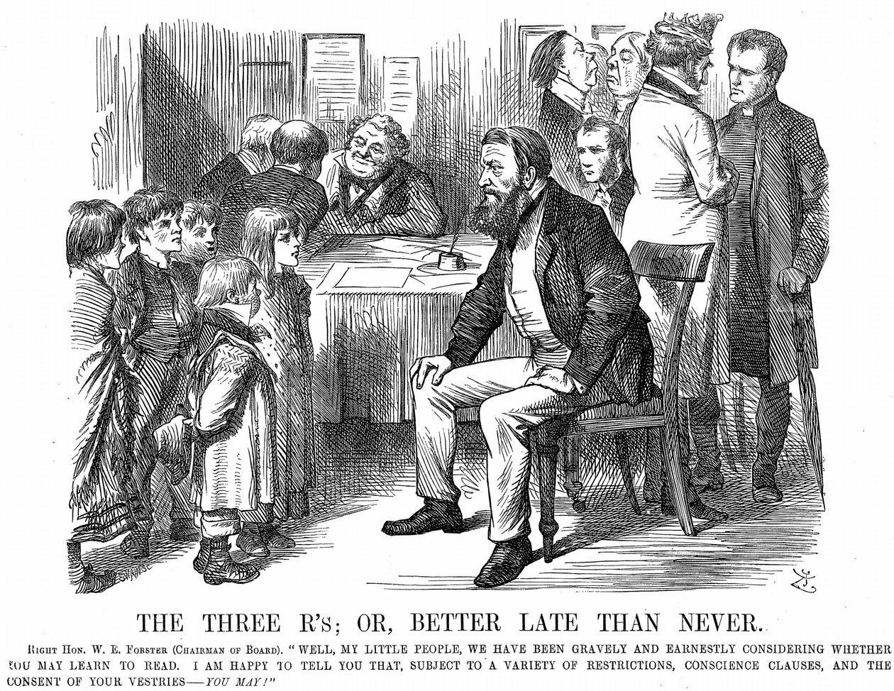 Le tre R, o, Meglio tardi che mai, vignetta da Punch, che mostra William Edward Forster come presidente di una scuola parlando agli alunni, marzo 1870 (incisione) da John Tenniel