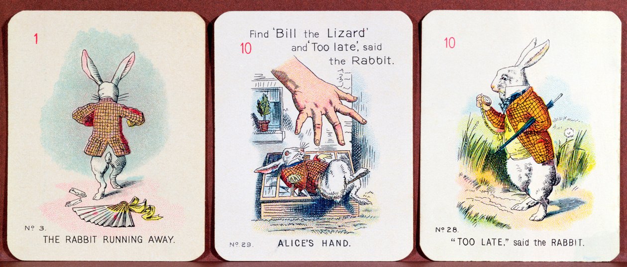 Tre carte della famiglia felice raffiguranti personaggi di Alice nel Paese delle Meraviglie di Lewis Carroll da John Tenniel