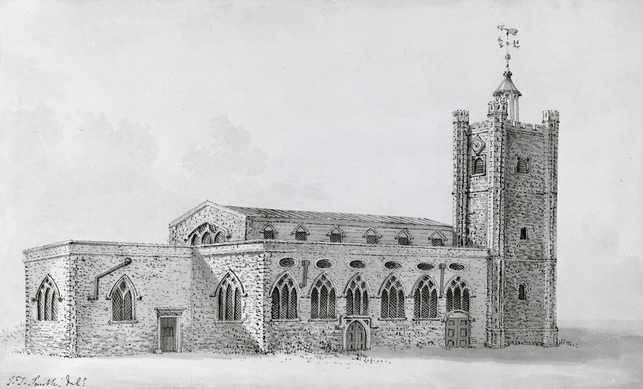 Vecchia chiesa di St Giles, c.1718 (incisione) da John Thomas (after) Smith