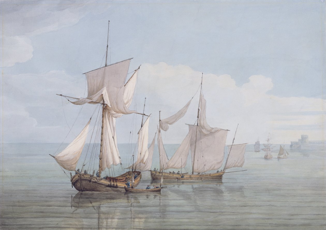 Un Hoy e un Lugger con altre navi su un mare calmo da John Thomas Serres