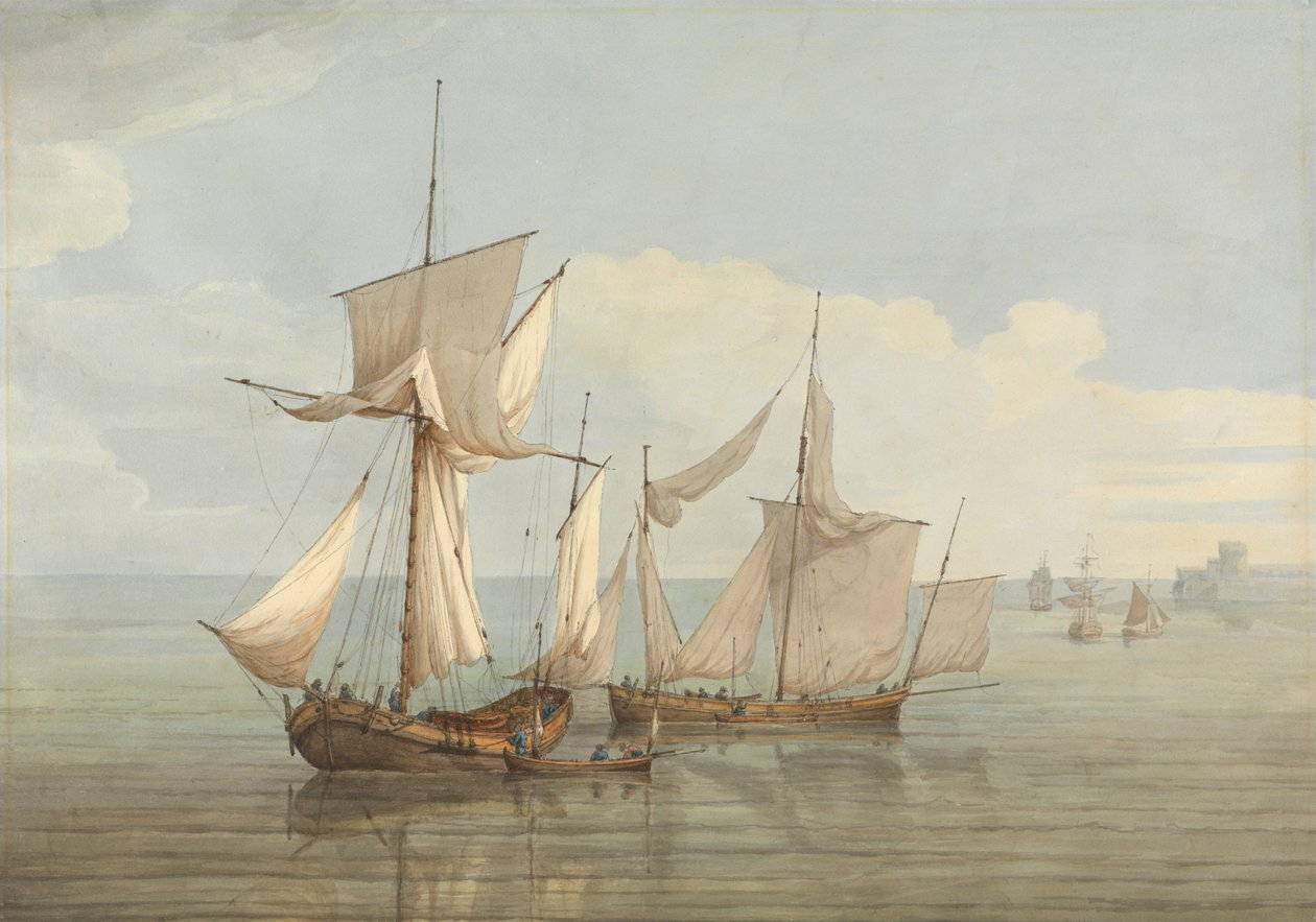 Una hoy e una lugger con altre navi su un mare calmo da John Thomas Serres