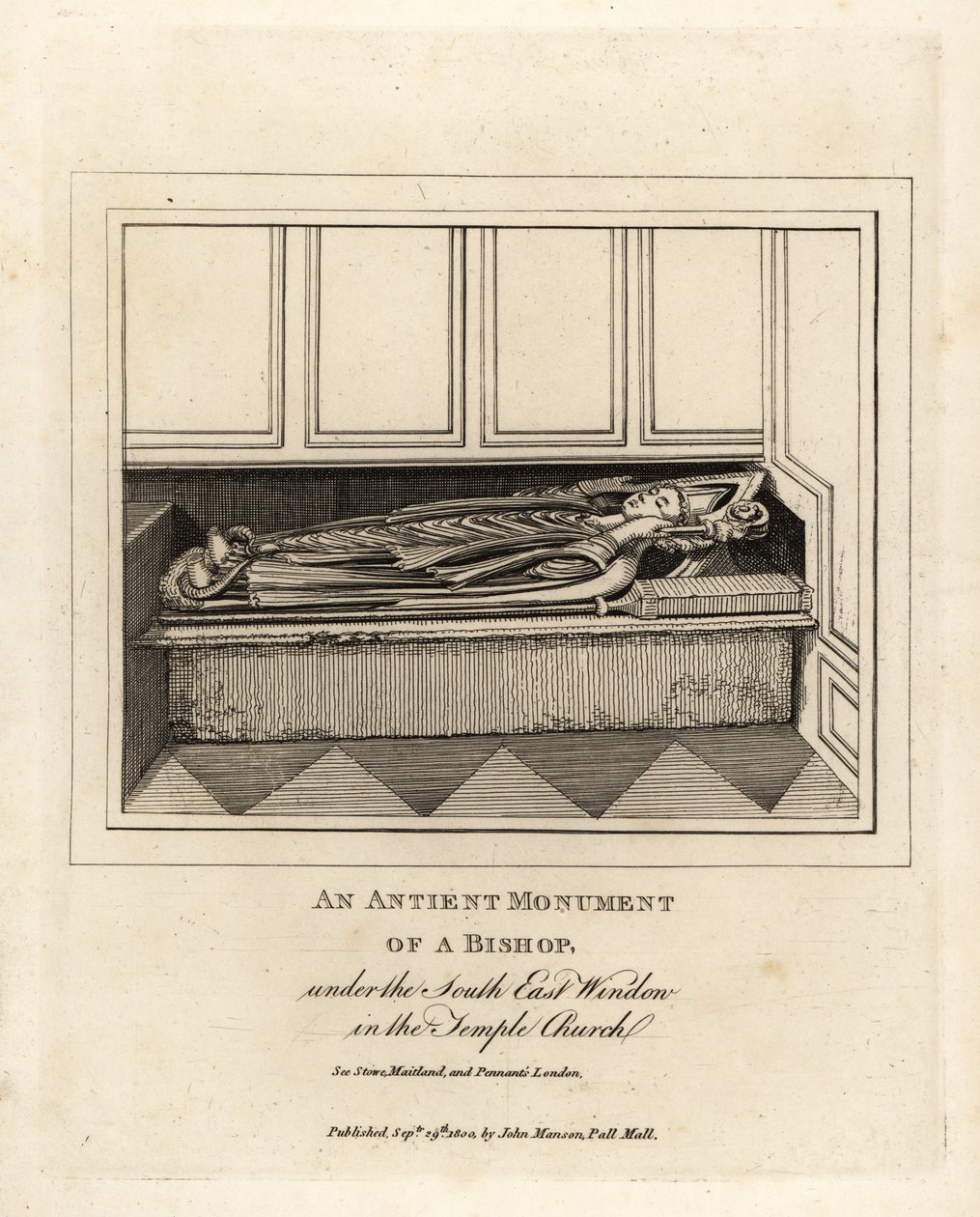 Antico monumento di un vescovo sotto la finestra sud-est della Chiesa del Tempio del XII secolo, Londra da John Thomas Smith