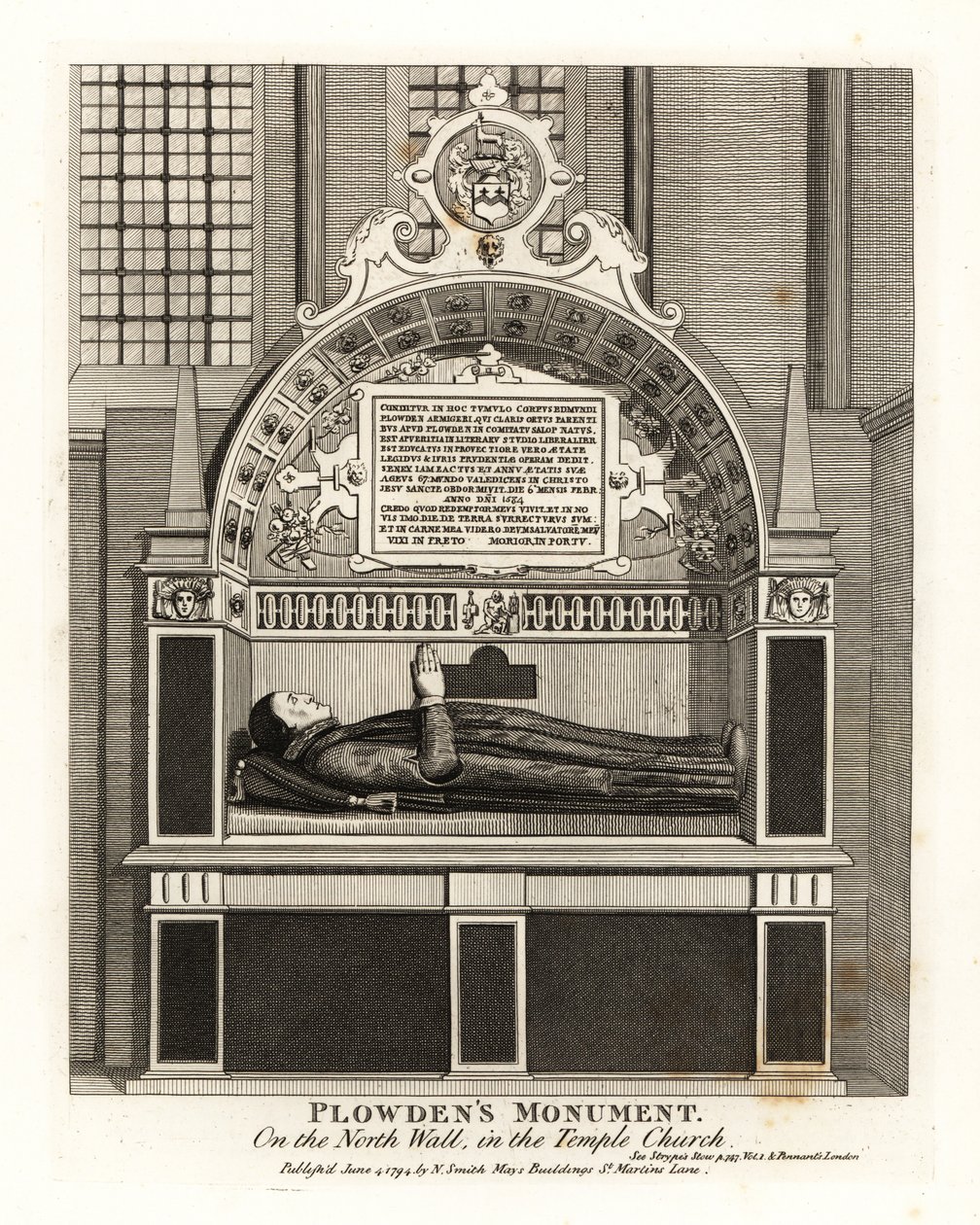 Monumento di Edmund Plowden sulla parete nord nella Temple Church da John Thomas Smith