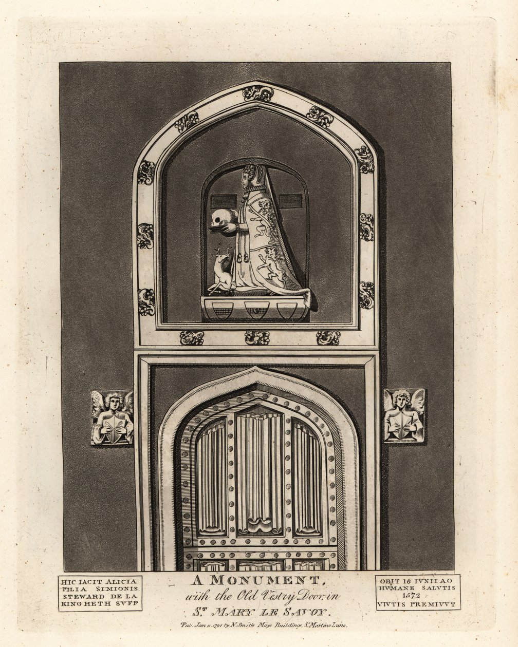 Effigie funeraria di Alicia, figlia di Simon Steward, con la Vecchia Porta della Sagrestia in St Mary le Savoy da John Thomas Smith