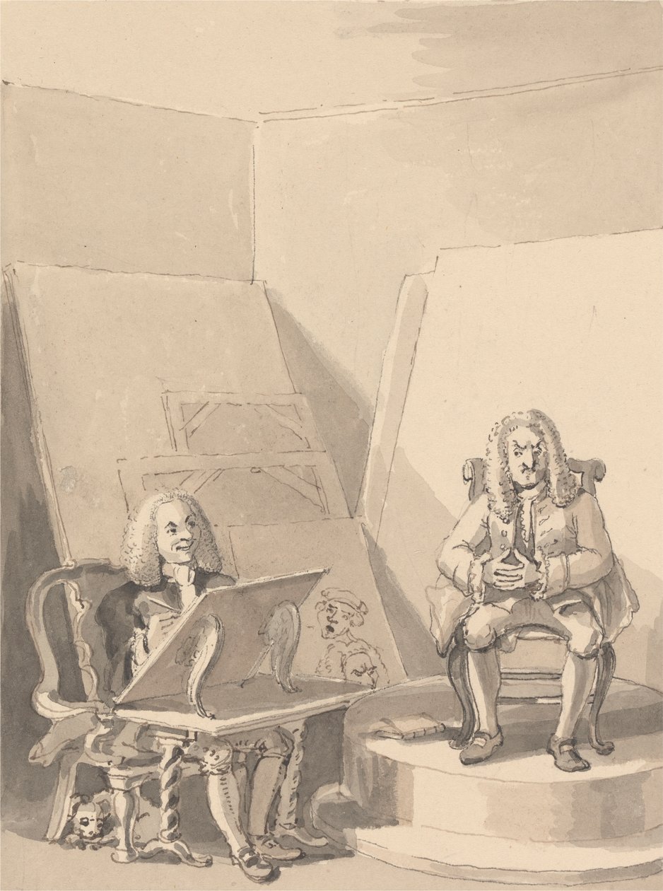 Hogarth che realizza un ritratto di H. Fielding, per un libraio, dai tratti di Garrick che ha preso in prestito una delle parrucche dell