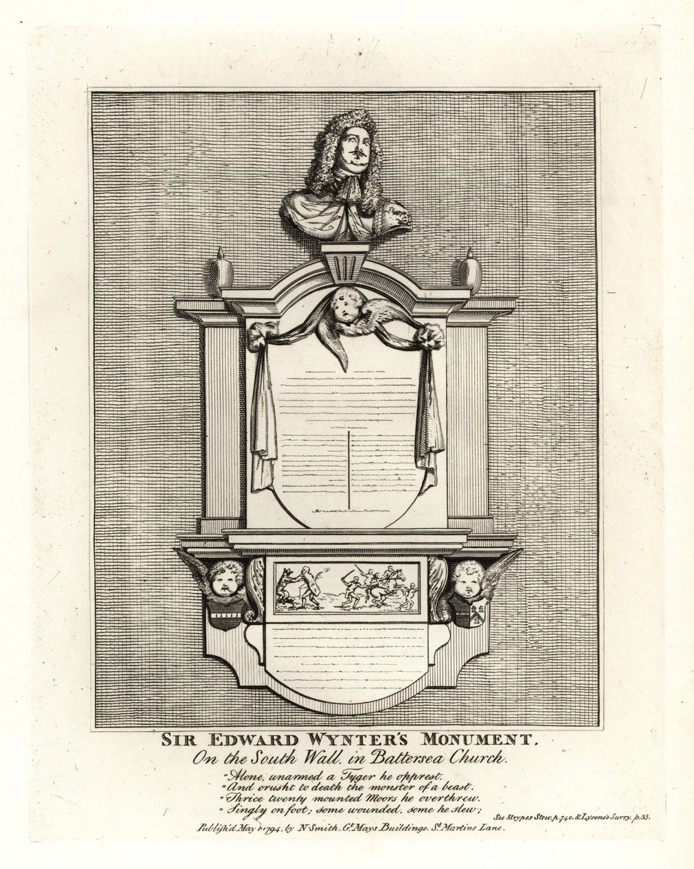 Monumento di Sir Edward Wynter, morto nel 1685, sulla parete sud della Chiesa di Santa Maria a Battersea da John Thomas Smith