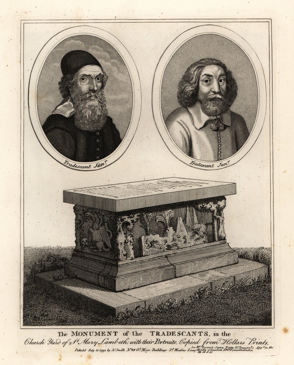 Ritratti ovali dei naturalisti e collezionisti John Tradescant il Vecchio e il Giovane, e il loro monumento funebre nel cimitero di St Mary Lambeth da John Thomas Smith