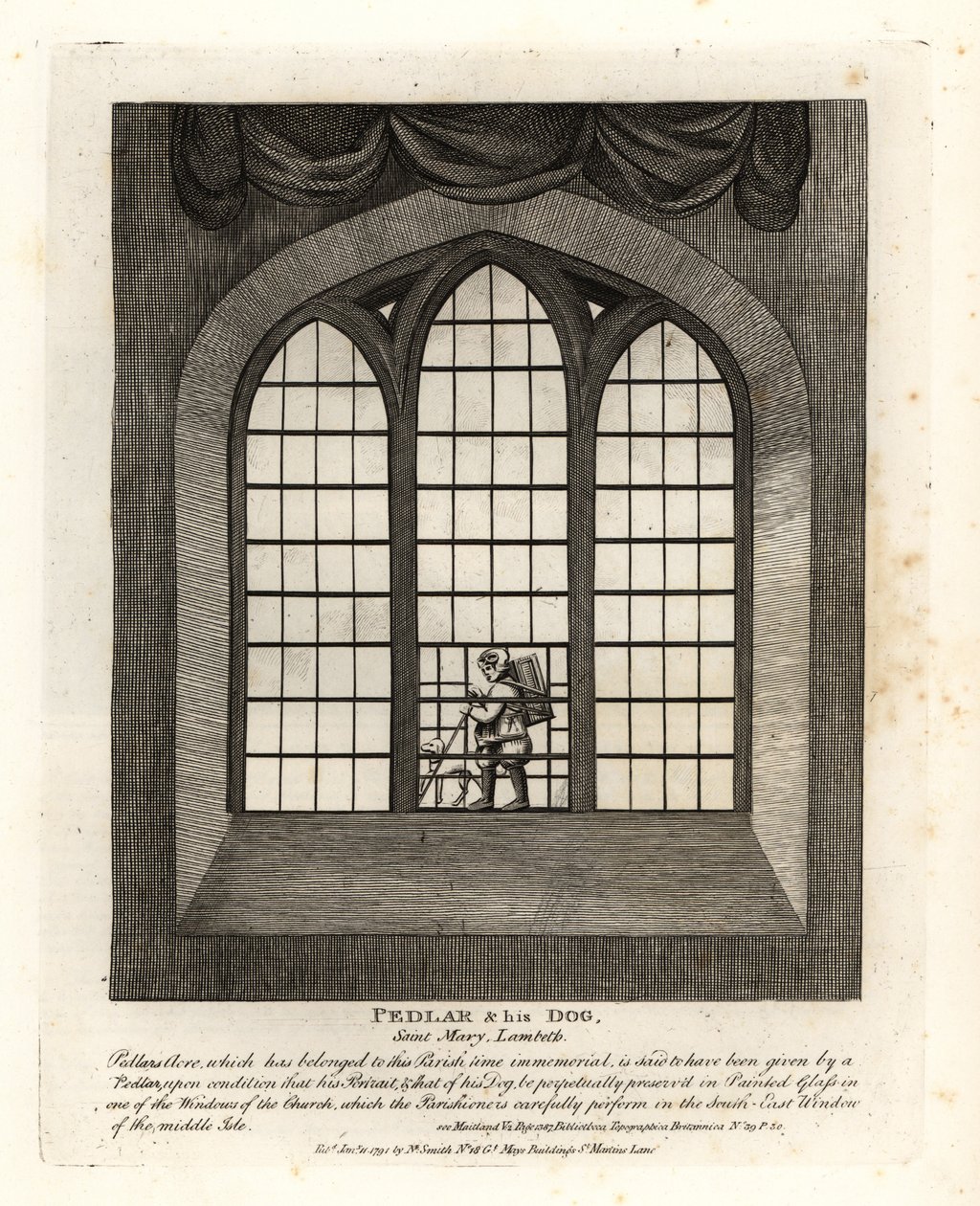 Venditore ambulante e il suo cane nella vetrata della chiesa di Saint Mary-at-Lambeth da John Thomas Smith