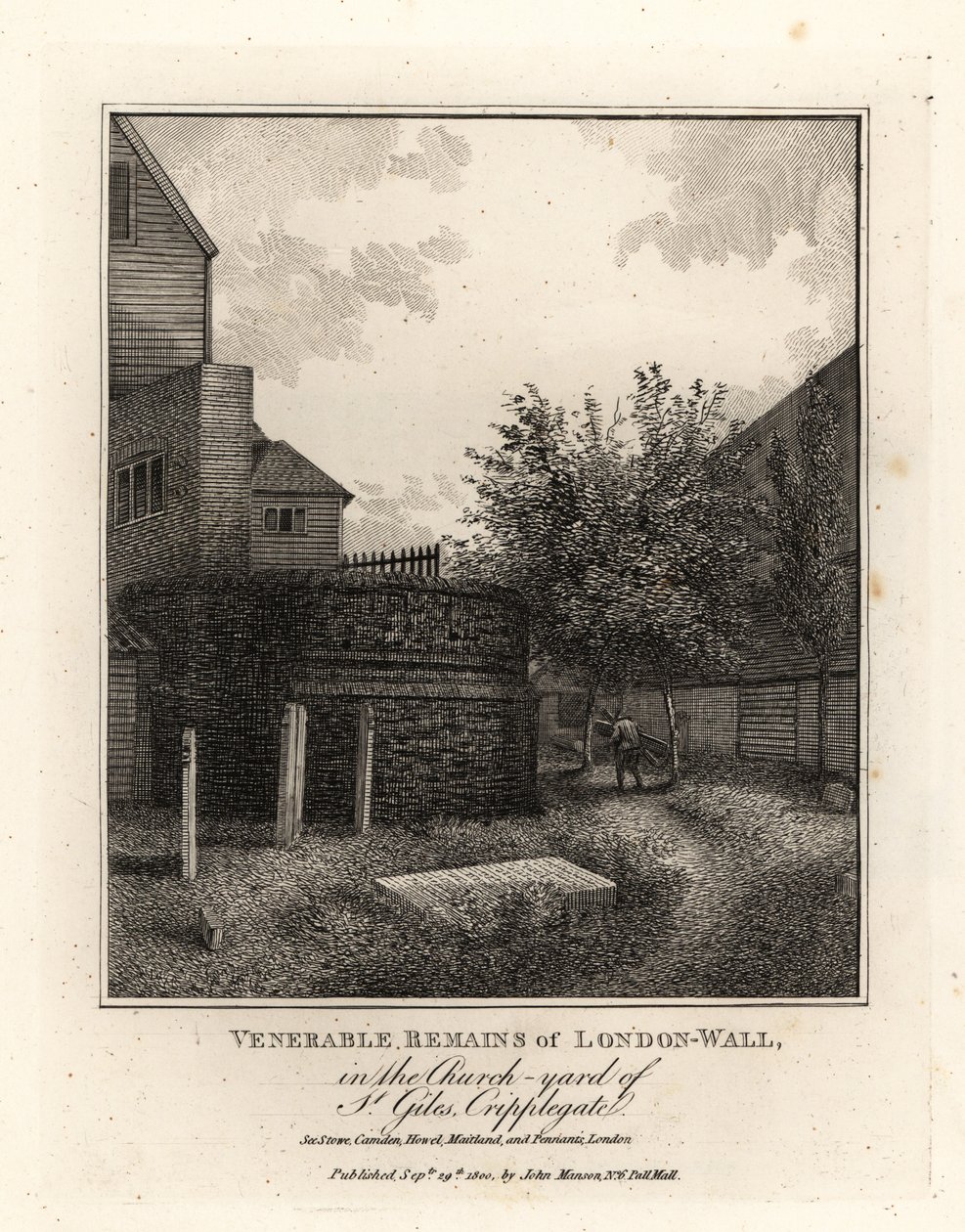 Resti del muro romano di Londra nel cimitero di St Giles, Cripplegate da John Thomas Smith