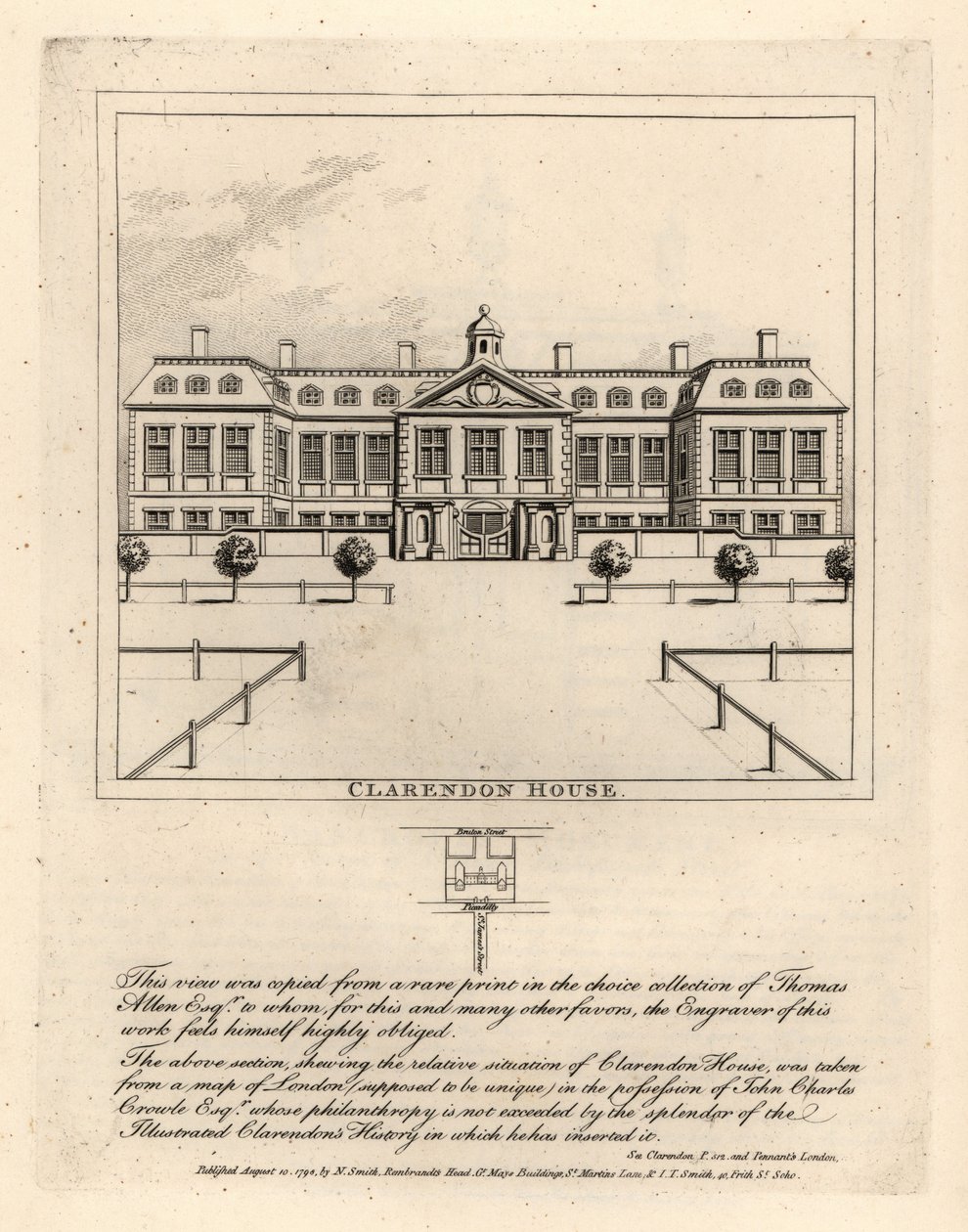 Vista di Clarendon House da St James Street, da una rara stampa nella collezione di Thomas Allen da John Thomas Smith