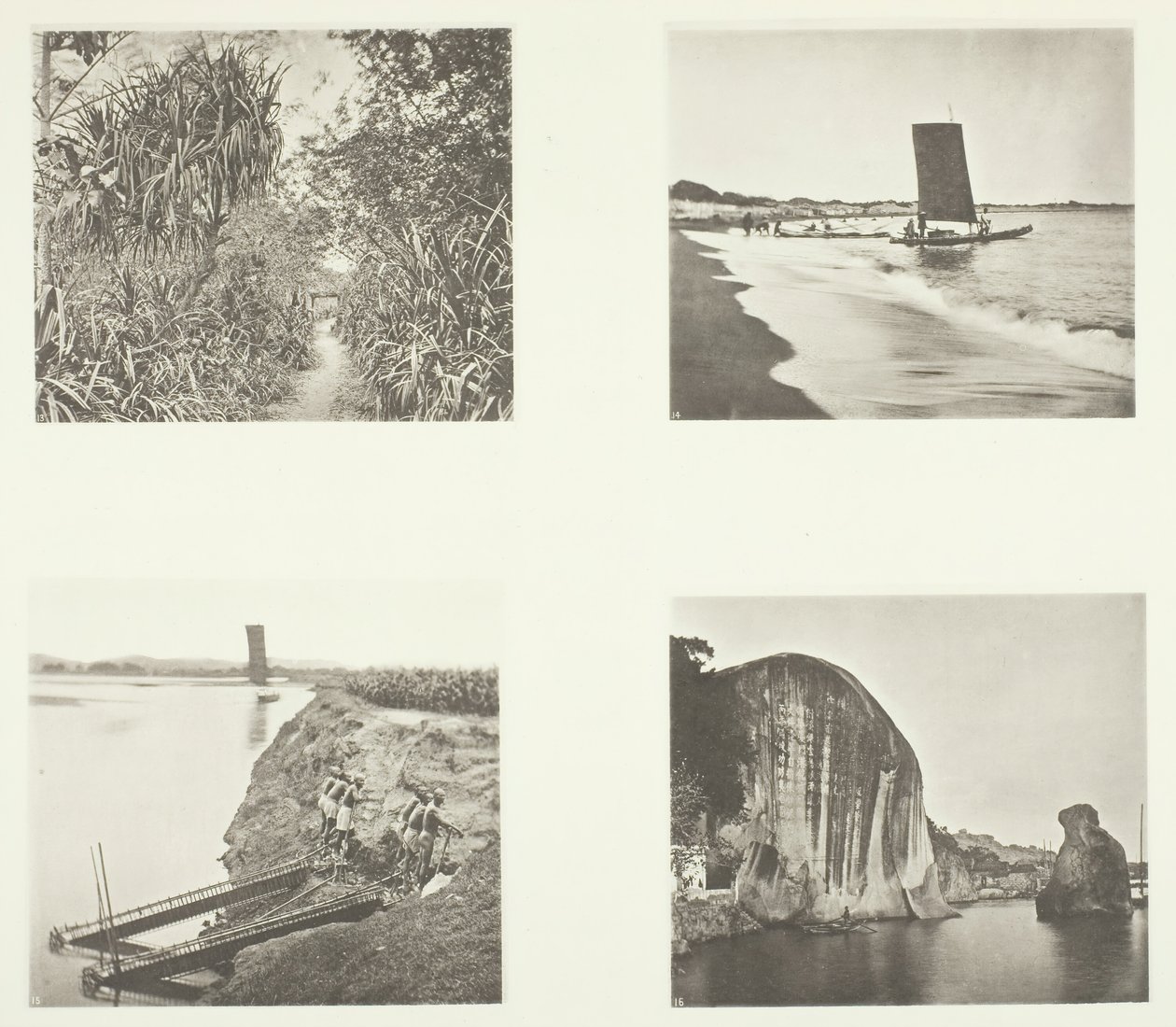 Una Strada di Campagna vicino a Taiwanfu, un Catamarano, Pompe a Catena, Iscrizioni su Roccia, Amoy, c. 1868 da John Thomson