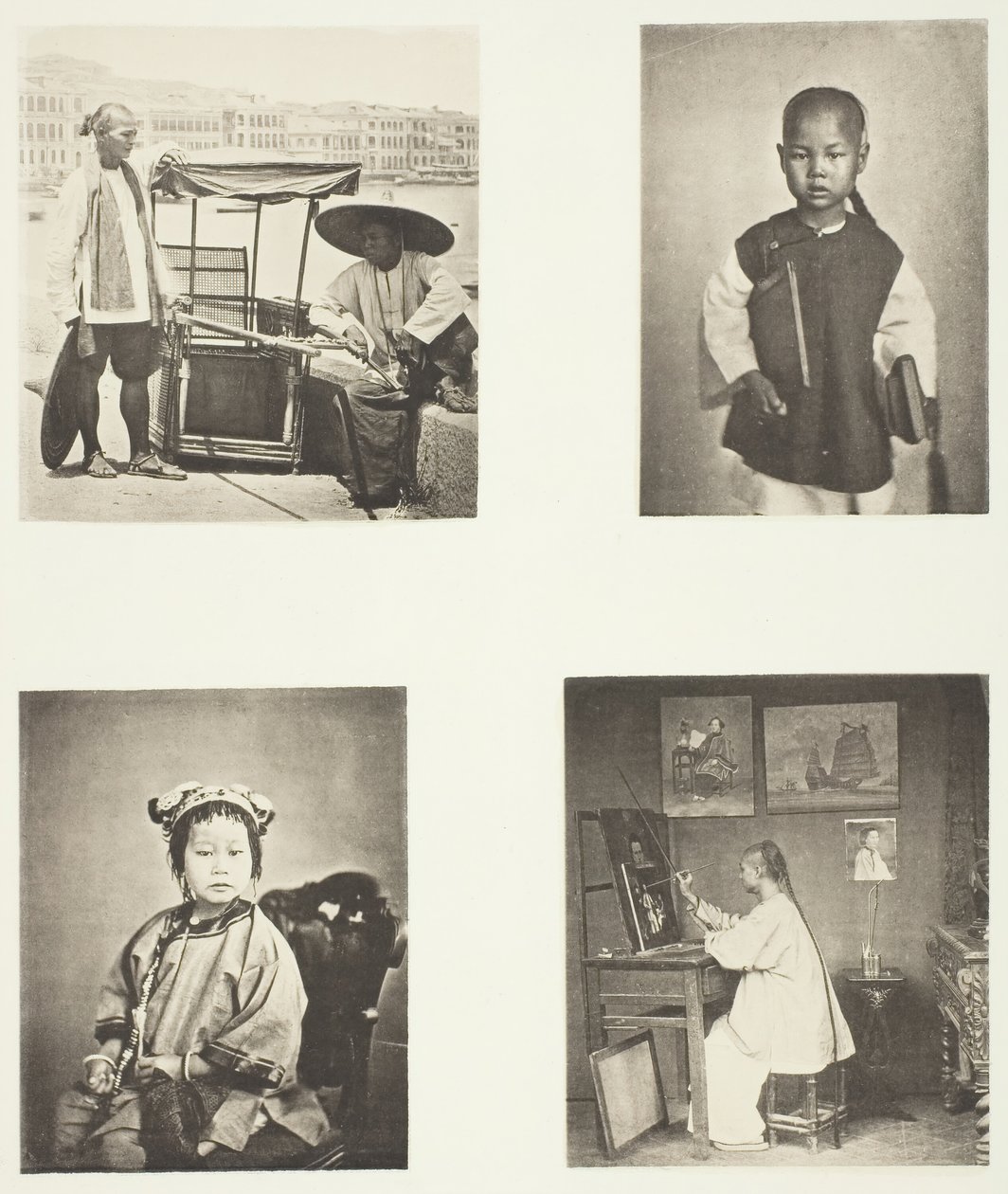 Una sedia a portantina di Hong Kong, un ragazzo della scuola cinese, una ragazza cinese, un artista di Hong Kong, c. 1868 da John Thomson
