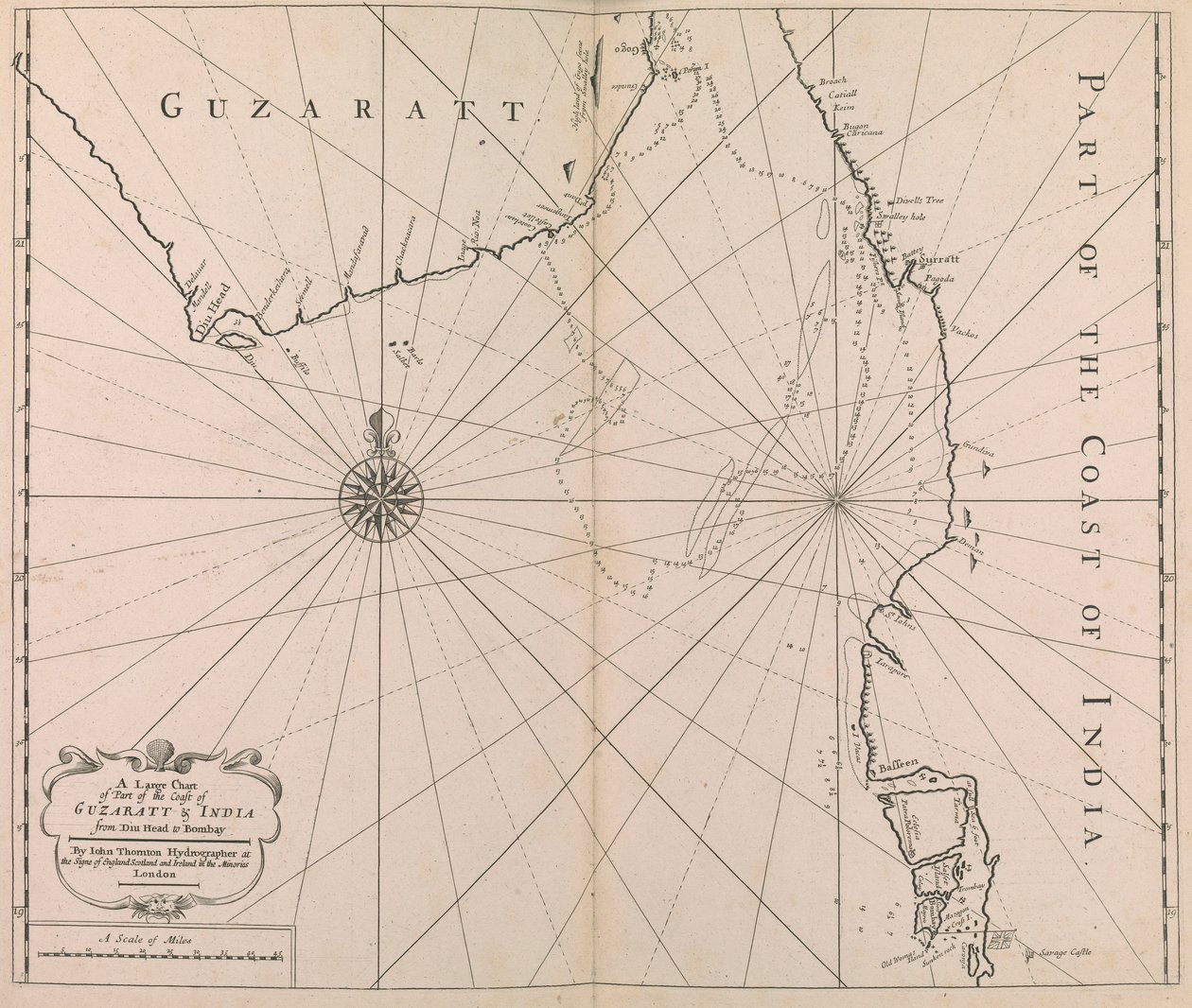Grande carta di parte della costa di GUZARATT e INDIA da Diu Head a Bombay da John Thornton