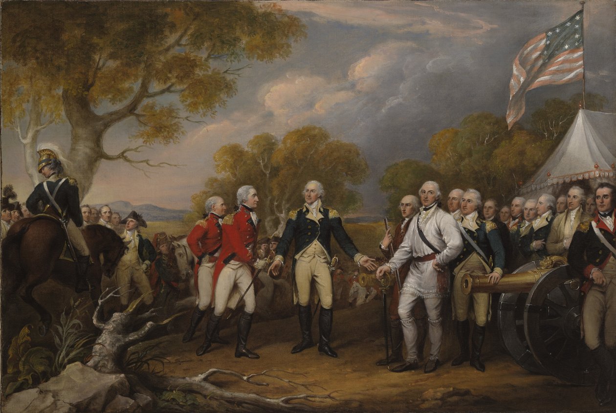 Battaglia di Saratoga, il generale britannico John Burgoyne si arrende al generale americano Horatio Gates, 17 ottobre 1777, c.1822-32 da John Trumbull