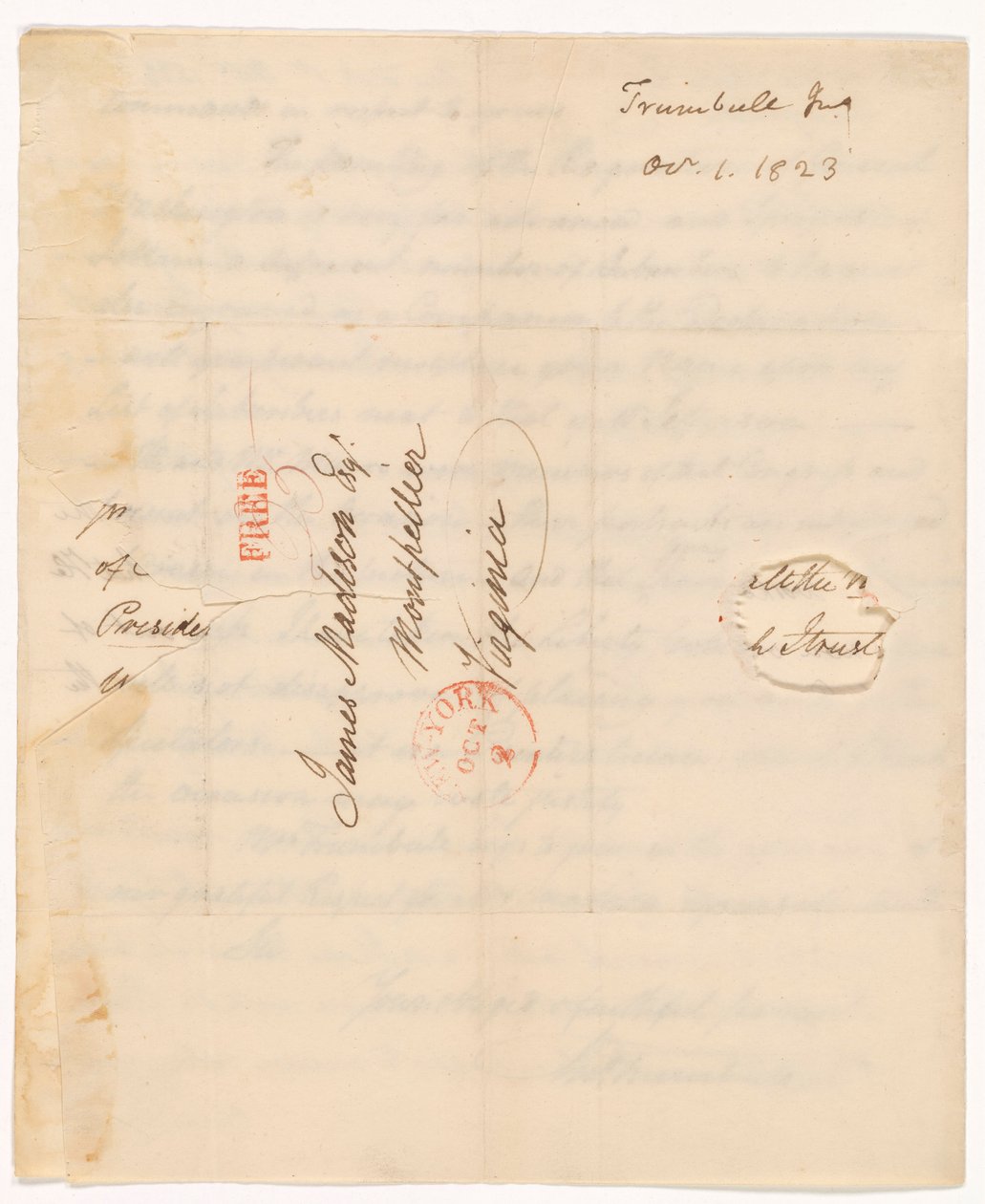 Lettera di John Trumbull (1756-1843) al Presidente Madison datata 1 Ott. 1823 da John Trumbull