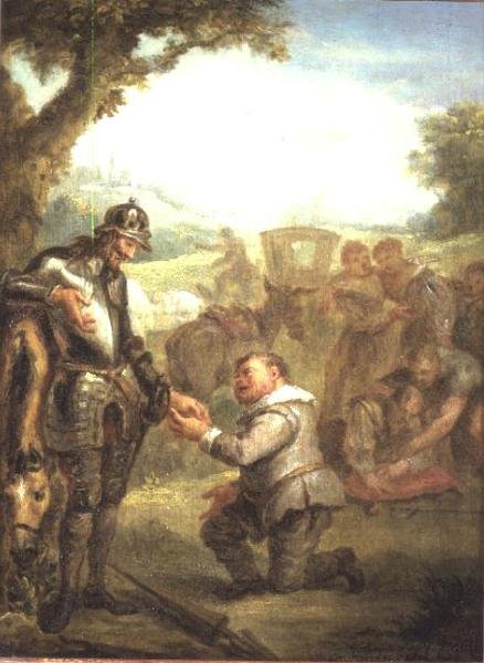 Don Chisciotte dopo il duello con il coraggioso Biscayano, si appoggia al suo cavallo Ronzinante, mentre Sancho Panza chiede il governatorato dell
