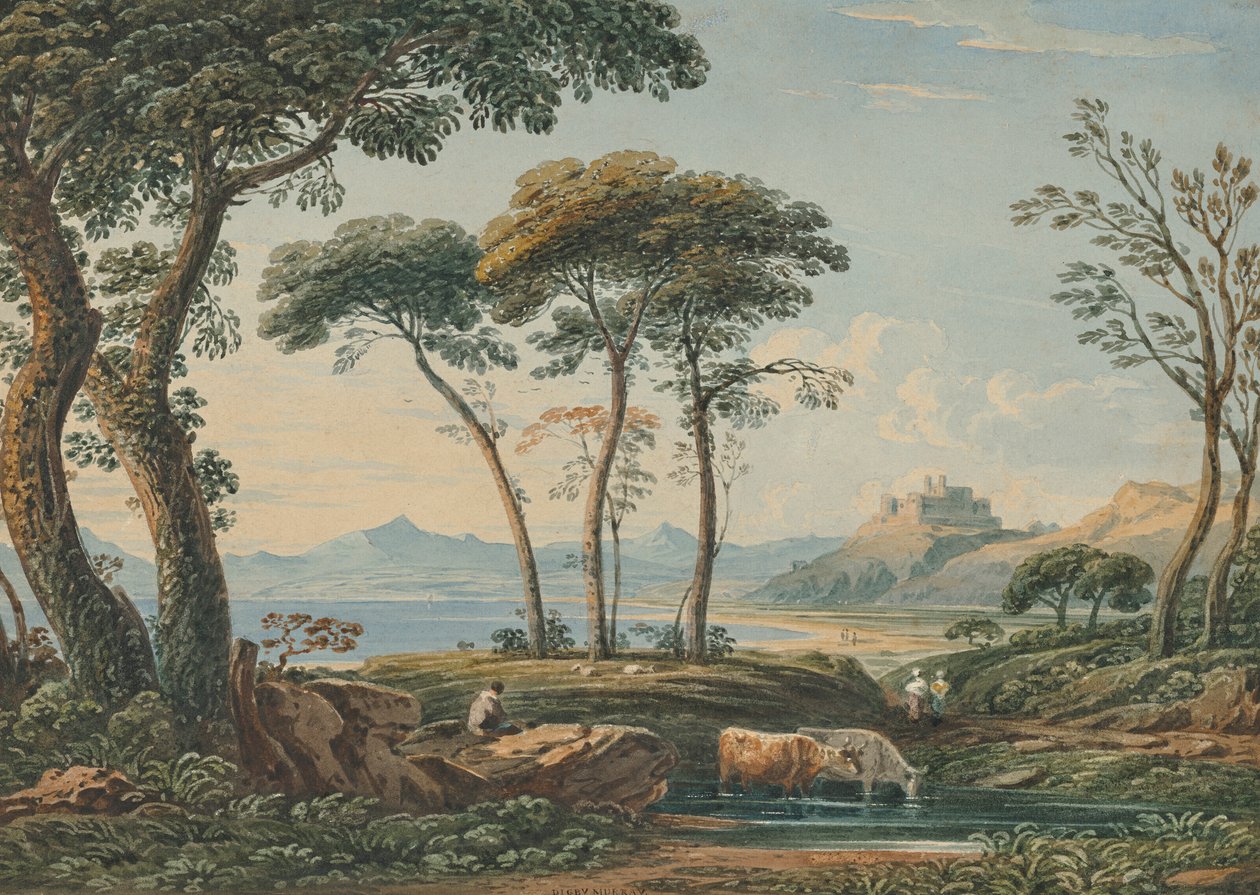 Una vista lontana del castello di Harlech e dello Snowdon, nel Galles settentrionale. da John Varley