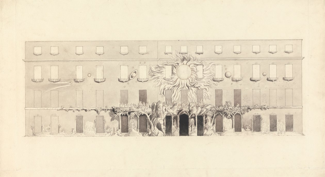 Disegno architettonico di un edificio con simboli astrologici da John Varley