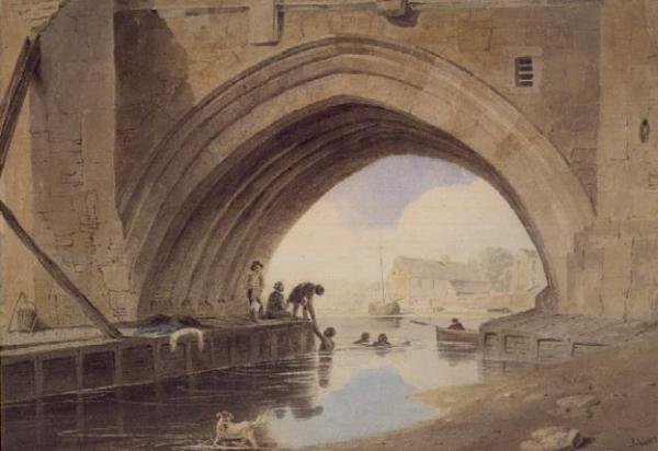 Bambini che nuotano sotto il ponte Ouse a York da John Varley