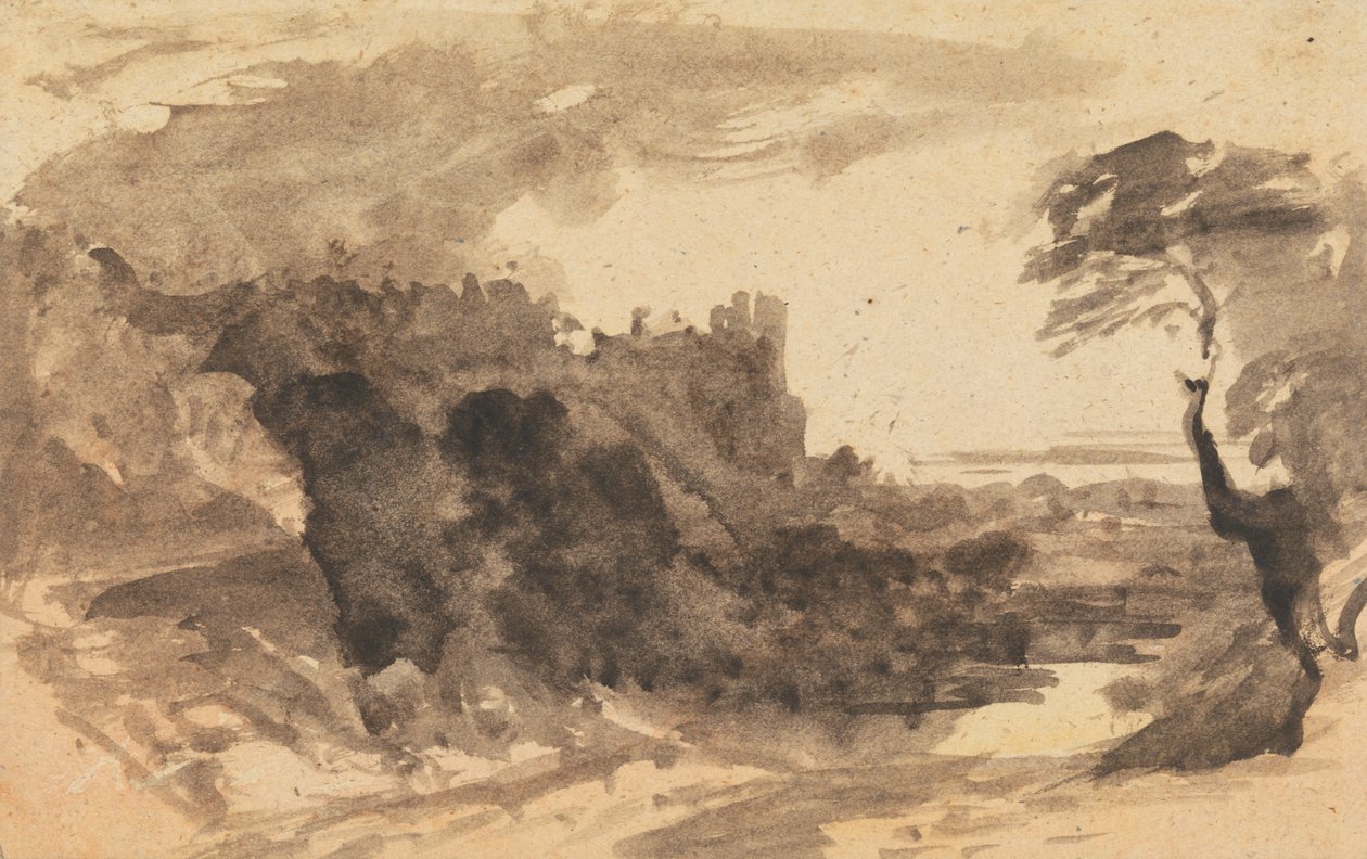 Paesaggio romantico con un castello e un albero a destra