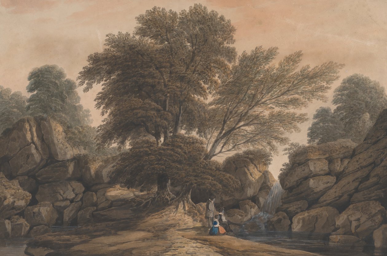 Figure accanto a una cascata e una piscina in un paesaggio boscoso, 1812 da John Varley I
