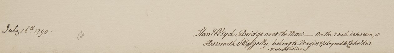 Ponte di Llanelltyd sul Maw, sulla strada tra Barmouth e Dolgellau, guardando verso Hengwrt e oltre verso Cader Idris, Merionethshire, 16 luglio 1790 da John Warwick Smith