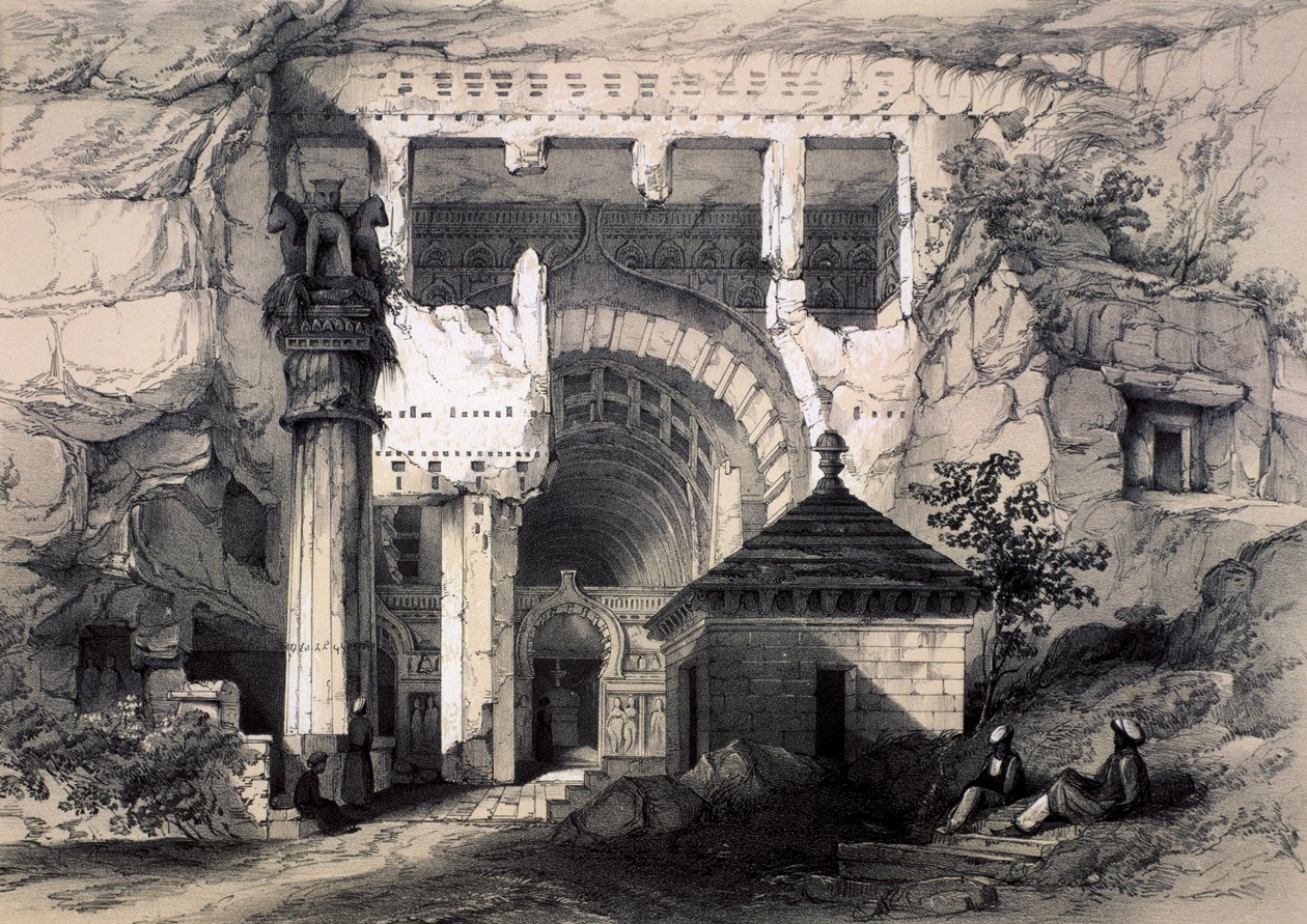 Karli, ingresso della grande grotta Chaitya, 1845 da John Weale