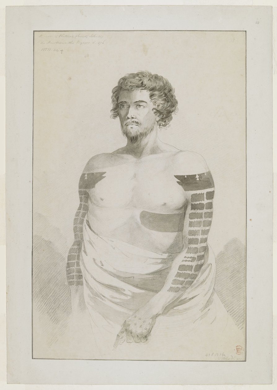 (Disegno completo) Ritratto di un capo di Borabora, [Puni?]; un uomo barbuto con le braccia pesantemente tatuate con ampie macchie rettangolari e una grande macchia sul lato sinistro. Dicembre 1777 da John Webber