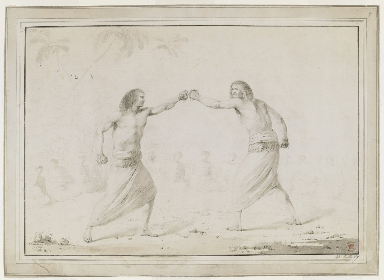 (Disegno intero) Due uomini che combattono, con spettatori seduti in un semicerchio e palme disegnate debolmente sullo sfondo da John Webber
