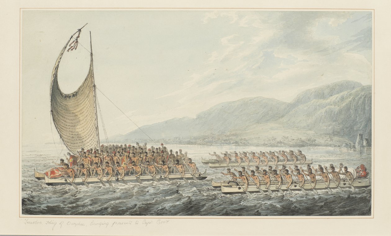 Tereoboo, re di Owyhee, porta doni al Capitano Cook, da una serie di acquerelli che illustrano l