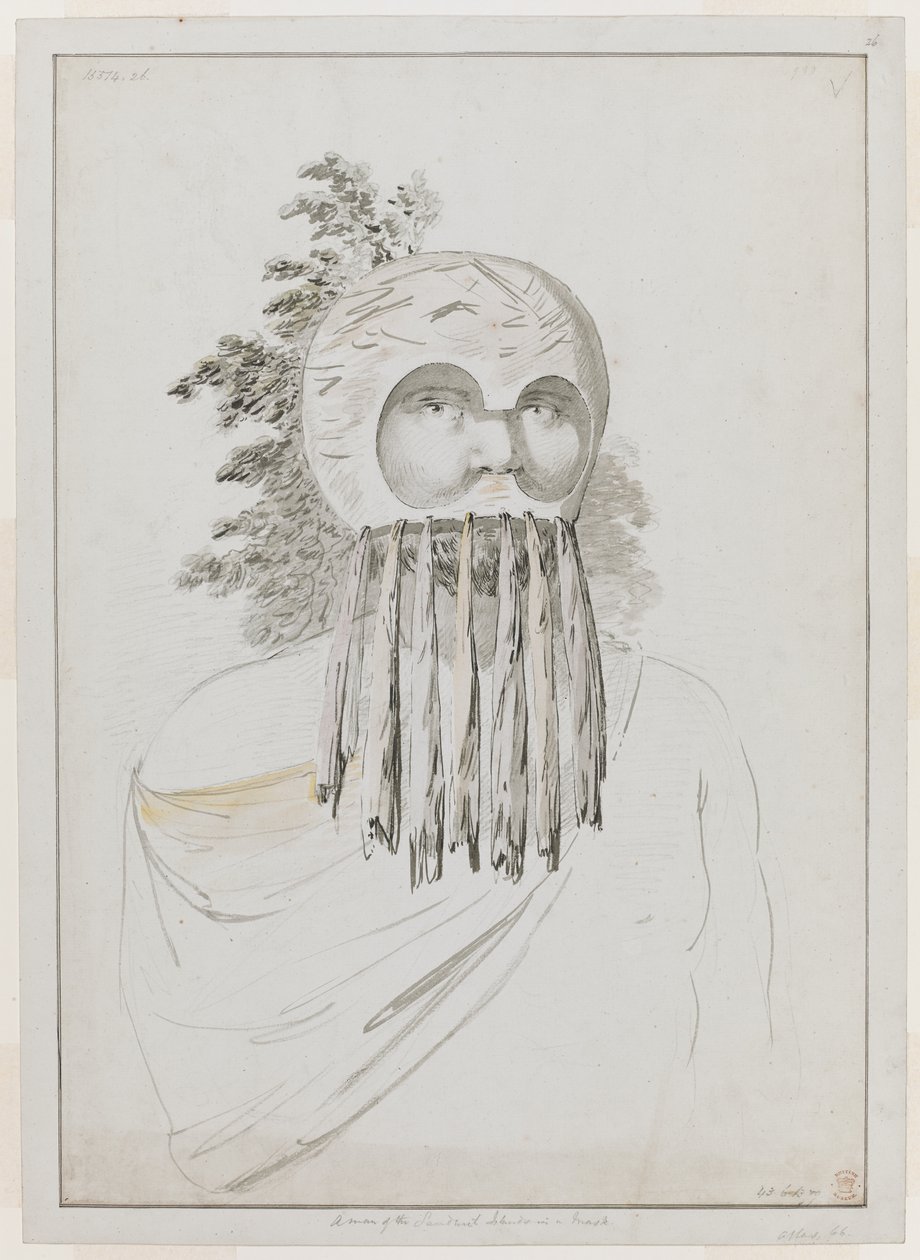 Un uomo delle Isole Sandwich con una maschera. Un uomo delle Isole Sandwich con una maschera costituita da un copricapo a ciotola con ritagli per gli occhi. da John Webber