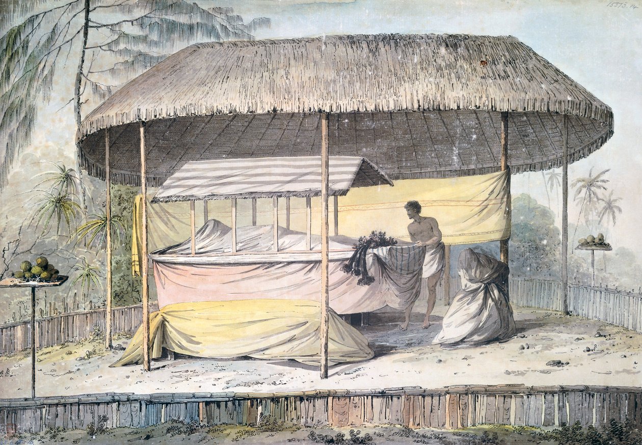 Funerale con defunto sotto baldacchino, Tahiti, Isole della Società, acquerello di John Webber dalla descrizione dell