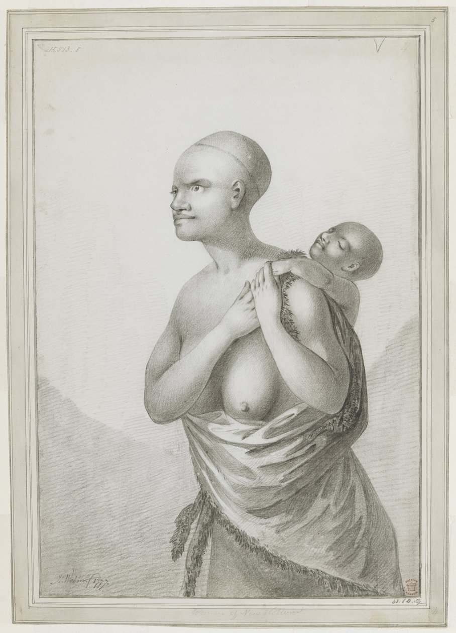 Donna tasmaniana che porta un bambino sulla schiena, con una pelle appesa dalla spalla sinistra intorno alla vita. Gennaio 1777 da John Webber