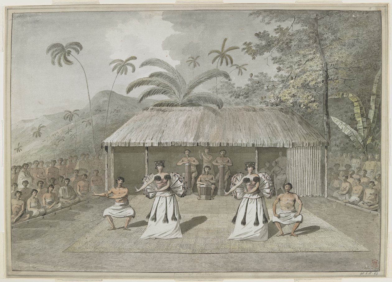 [Disegno completo] Una danza o heiva a Otaheite [Tahiti]. Due uomini e due donne che ballano, con tamburini dietro e spettatori ai lati. Settembre 1777 da John Webber