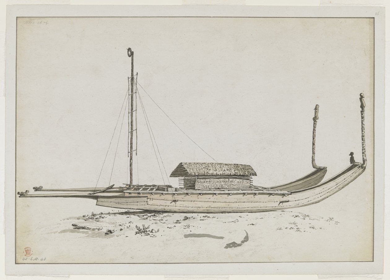 [Disegno intero] Una doppia canoa da viaggio di Otaheite [Tahiti], con intagli elaborati da John Webber