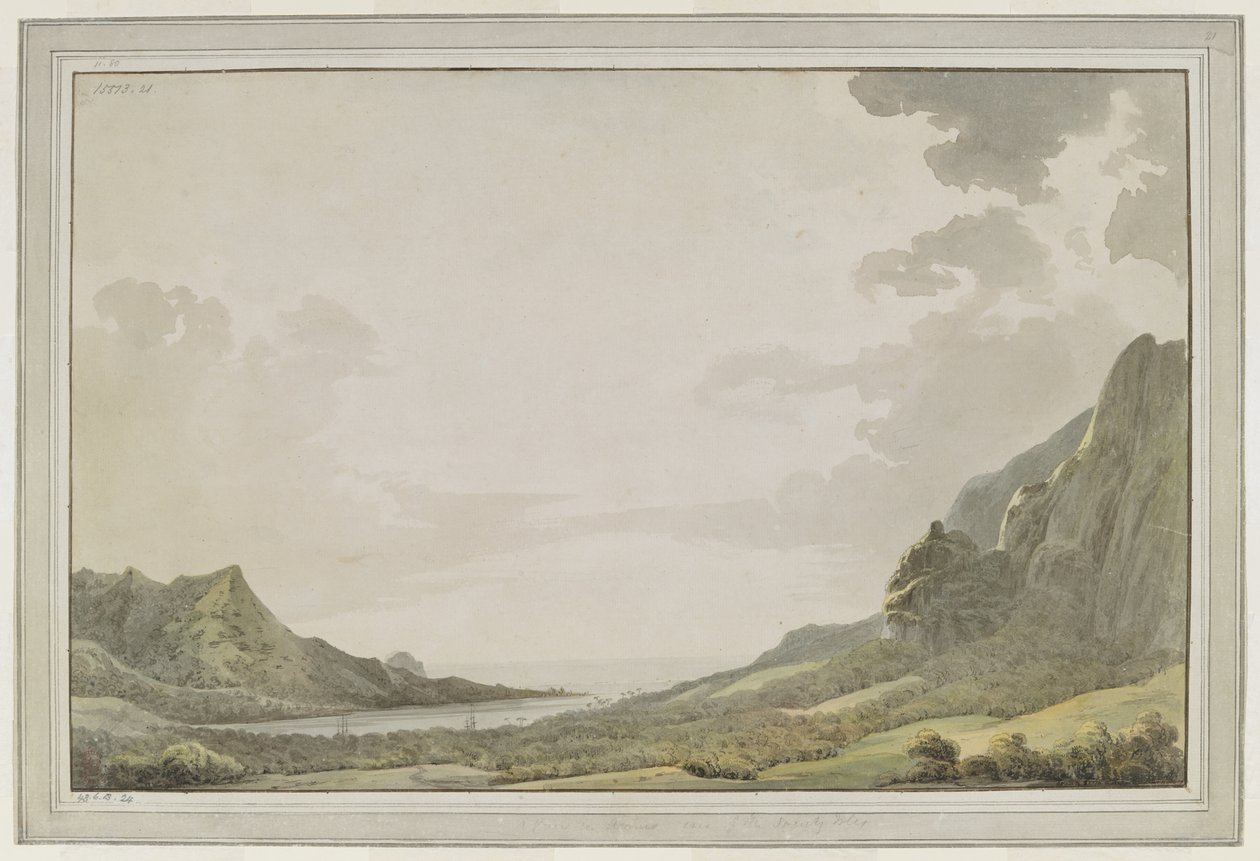 [Disegno completo]. Una vista dal porto di Aimeo [Baia di Papetoai], guardando verso il mare; gli alberi della 
