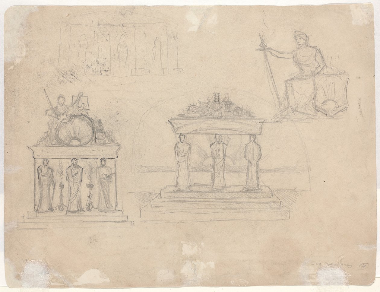 Studi di Facciate di Templi Classici e Figura Femminile Seduta [verso] da John William Casilear